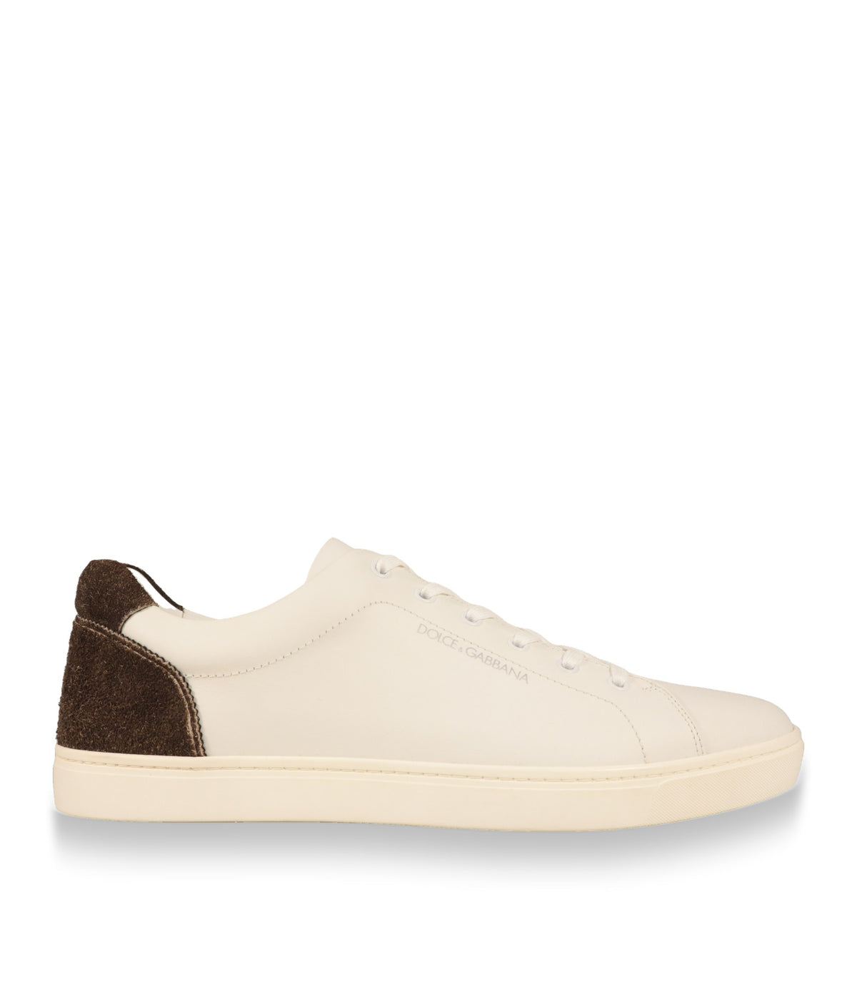 Dolce & Gabbana Sneaker Herren in Weiß aus Kalbsleder mit brauner Veloursleder-Ferse, Seitenansicht