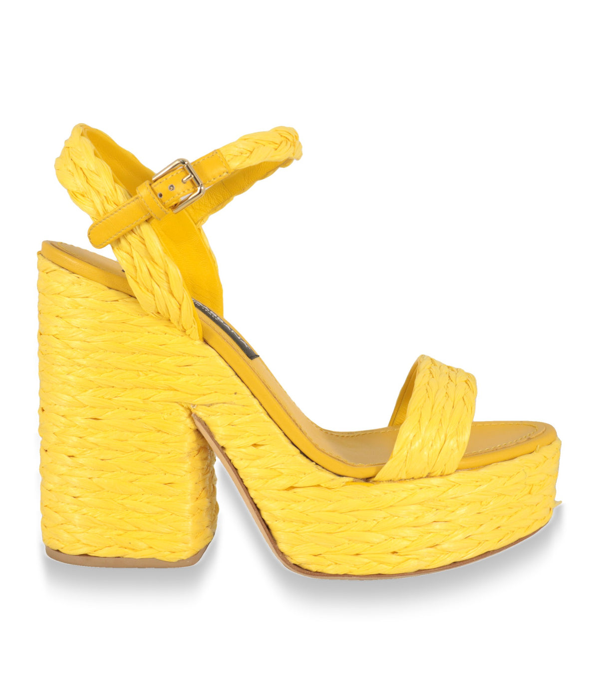 Dolce & Gabbana Plateau-Sandalen in Gelb aus geflochtenem Raffia, Seitenansicht mit Blockabsatz