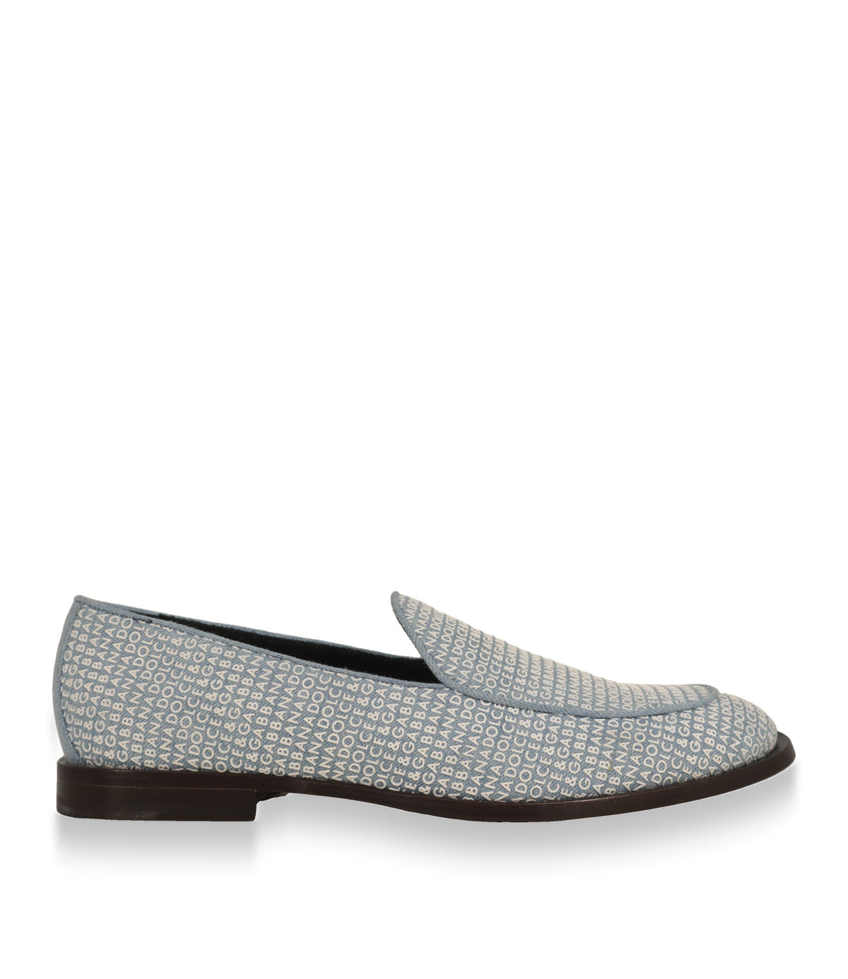 Dolce & Gabbana Loafer in hellblauem Denim mit weißem Logo-Print, Seitenansicht