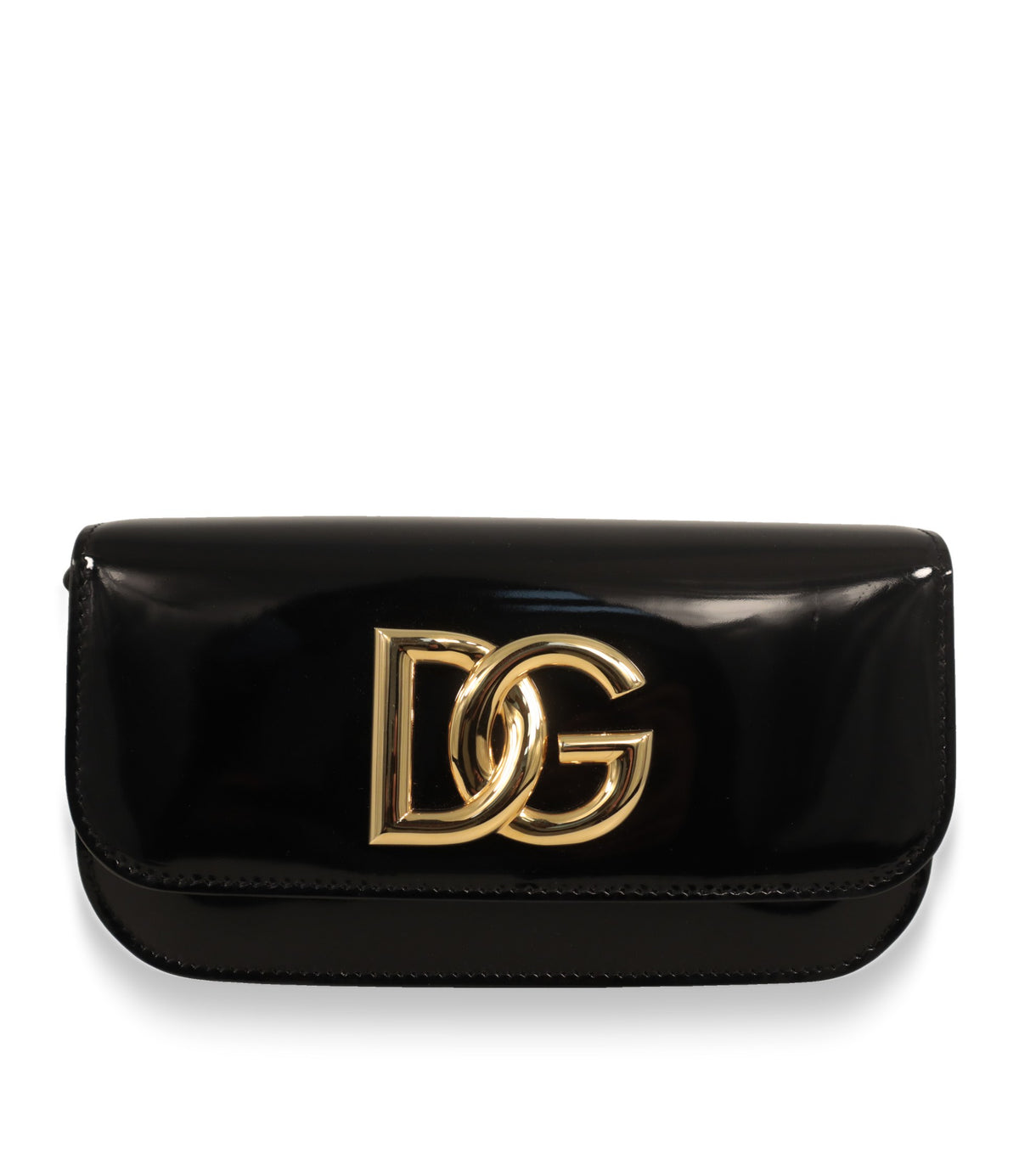 Dolce & Gabbana Umhängetasche aus schwarzem Lackleder mit goldfarbenem DG-Logo, Frontansicht