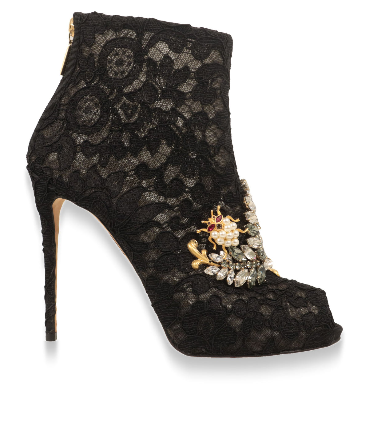 Dolce & Gabbana Stiefeletten aus schwarzer Spitze mit Kristall-Brosche in der Seitenansicht