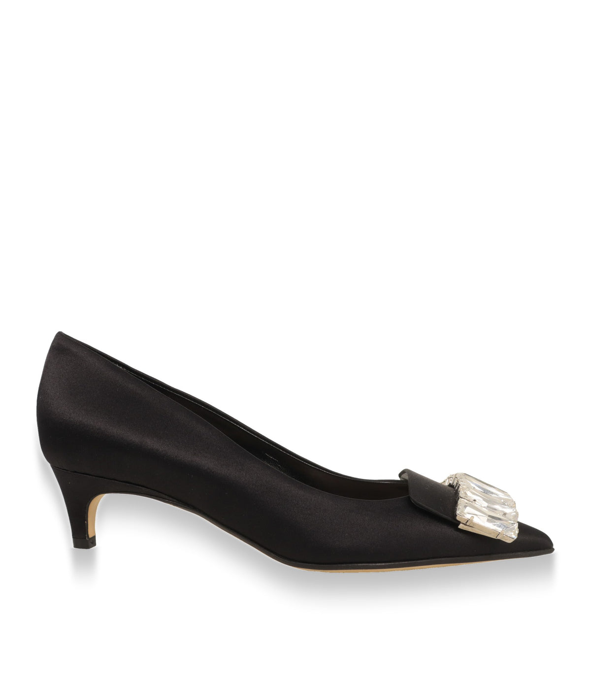 Sergio Rossi Pumps in schwarzem Satin mit Kristallspange, Seitenansicht
