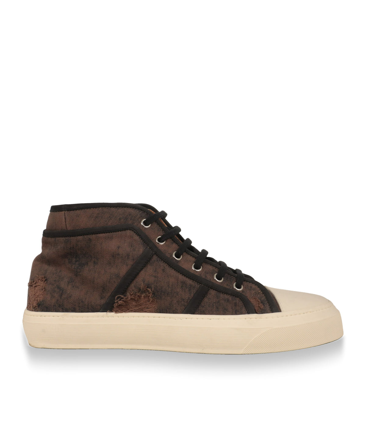 Dolce & Gabbana High-Top Sneaker in Braun aus Denim, Seitenansicht mit schwarzer Schnürung