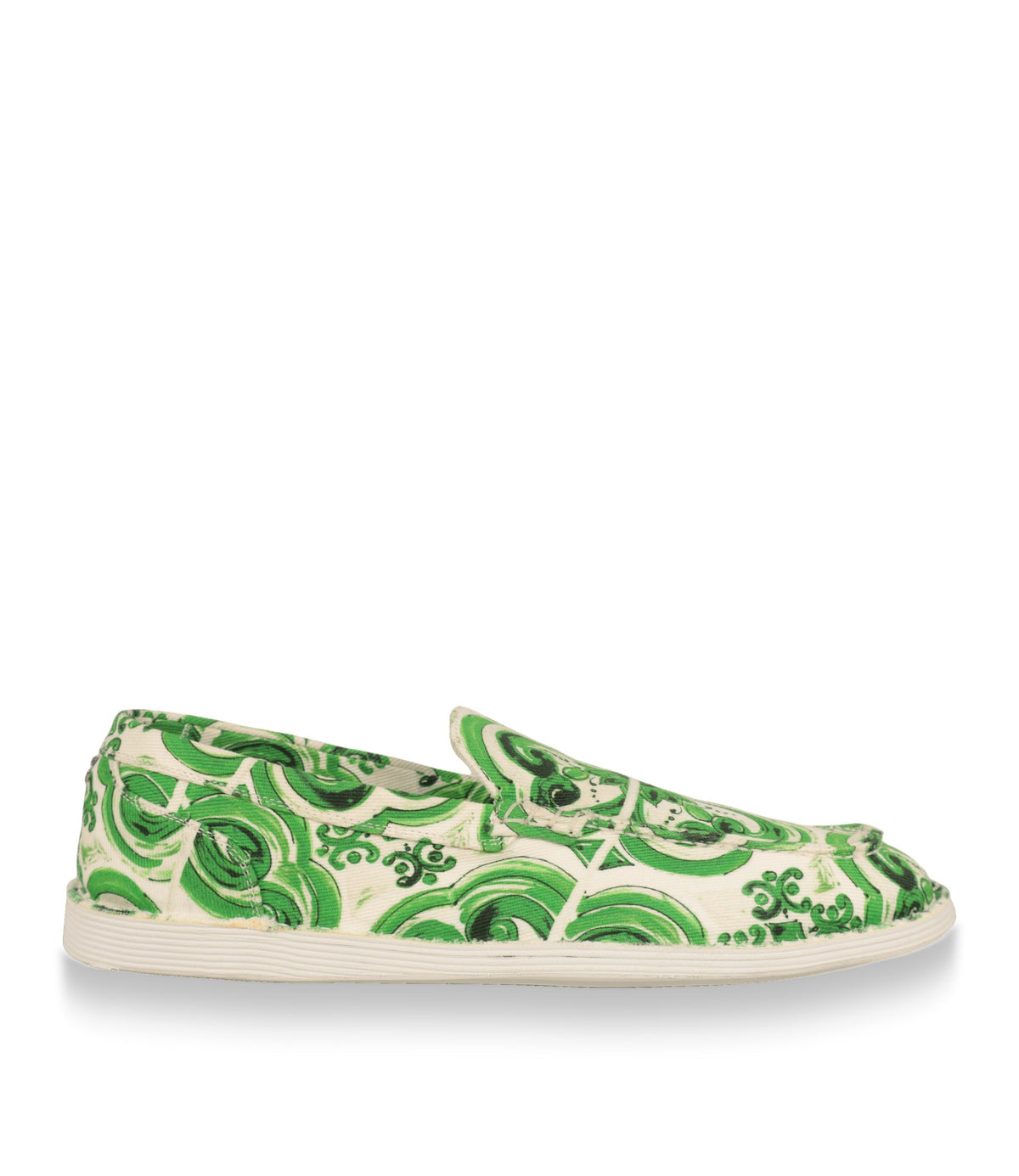 Dolce & Gabbana Slip-On Sneaker in Grün-Weiß mit Majolika-Print aus Denim, Seitenansicht