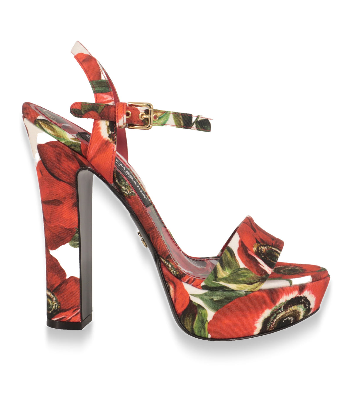 Dolce & Gabbana Plateau-Sandalen in Rot mit Anemonen-Print, Seitenansicht mit Blockabsatz