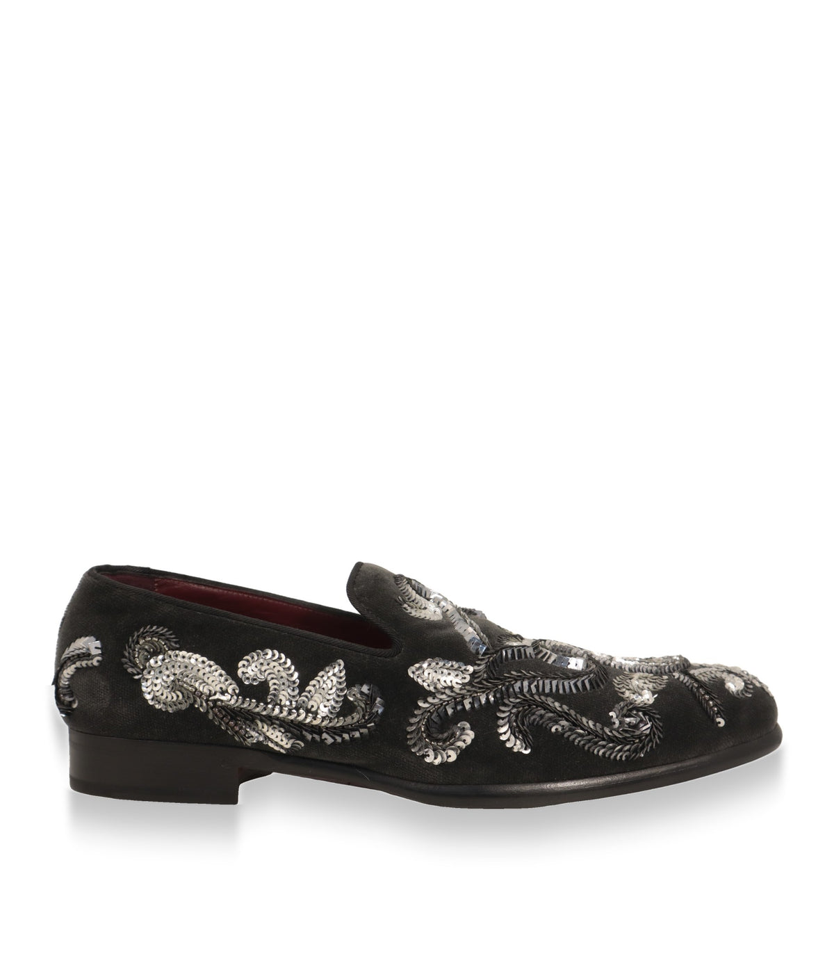 Dolce & Gabbana Slipper Herren aus anthrazitfarbenem Samt mit silberner Paillettenstickerei, Seitenansicht