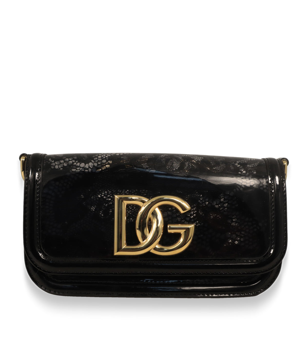 Dolce & Gabbana Umhängetasche Schwarz in Lackoptik mit goldenem DG-Logo, Frontansicht