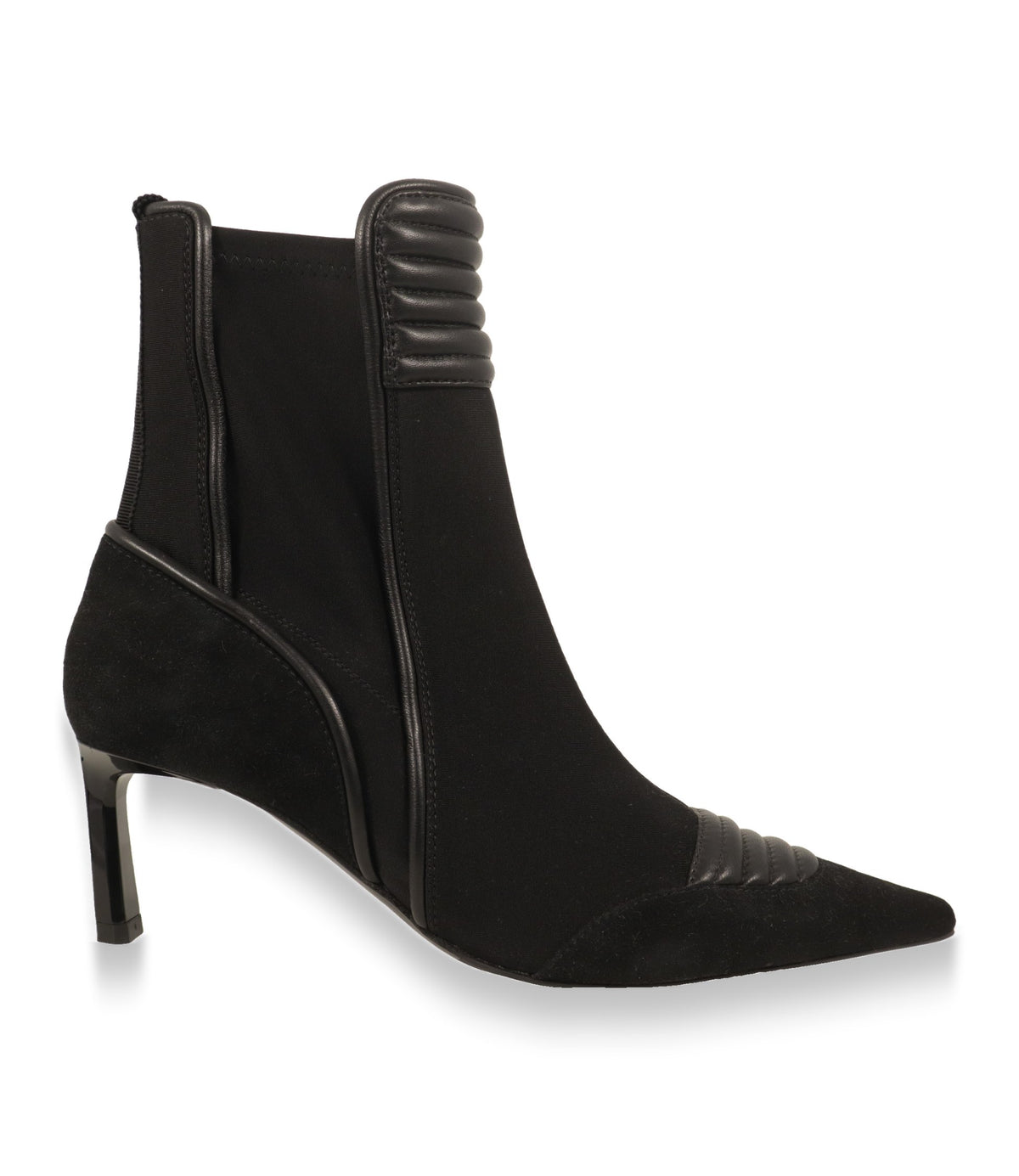 Sergio Rossi Stiefeletten in Schwarz aus Veloursleder und Stretch, Seitenansicht mit lackiertem Absatz