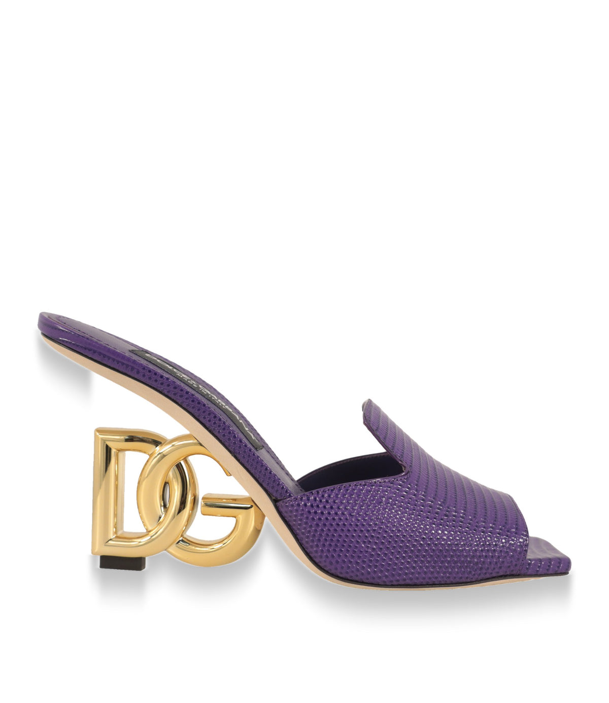 Dolce & Gabbana Mules in Lila mit goldenem DG-Logo-Absatz, Seitenansicht