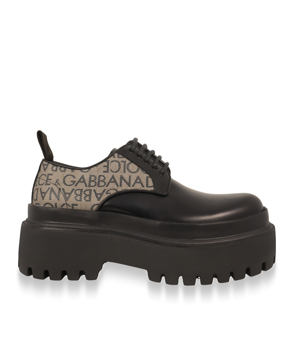 Dolce & Gabbana Derby Schuhe in Schwarz mit Logo-Jacquard und Plateausohle, Seitenansicht