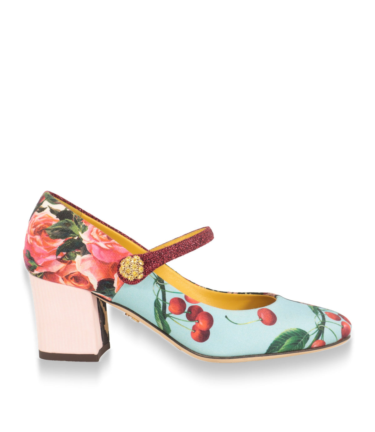 Dolce & Gabbana Mary Jane Schuhe in Patchwork-Optik mit Kirschdruck und rosa Blockabsatz, Seitenansicht