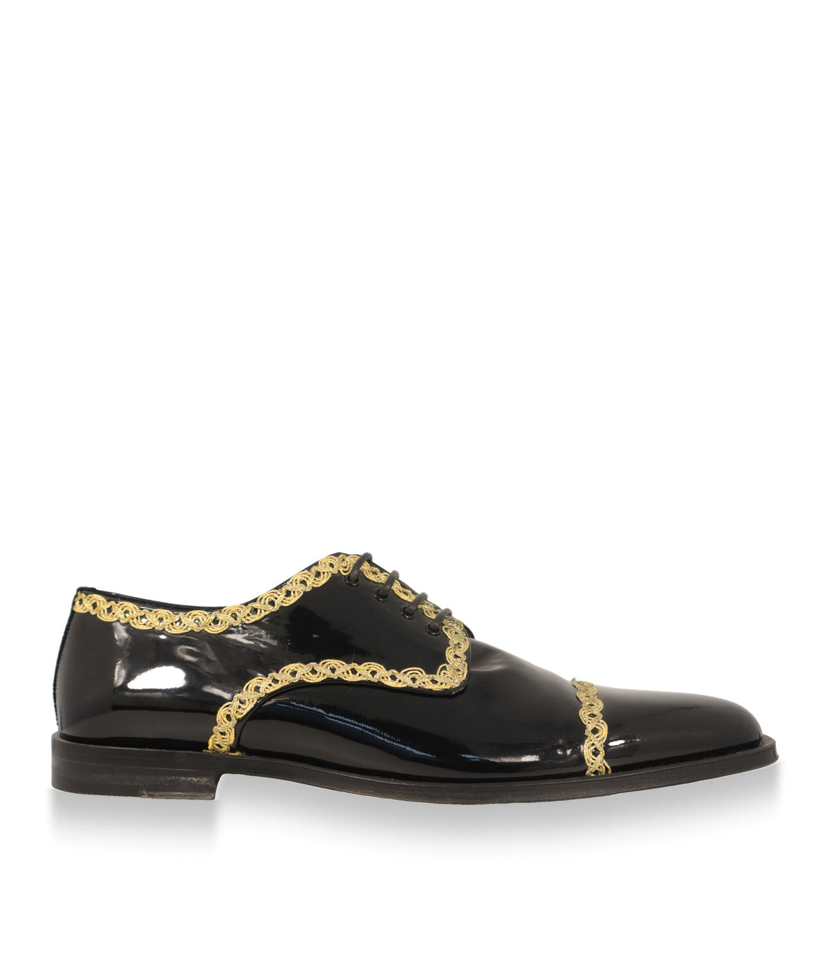 Dolce & Gabbana Derby Schuhe aus schwarzem Lackleder mit goldener Borte in der Seitenansicht