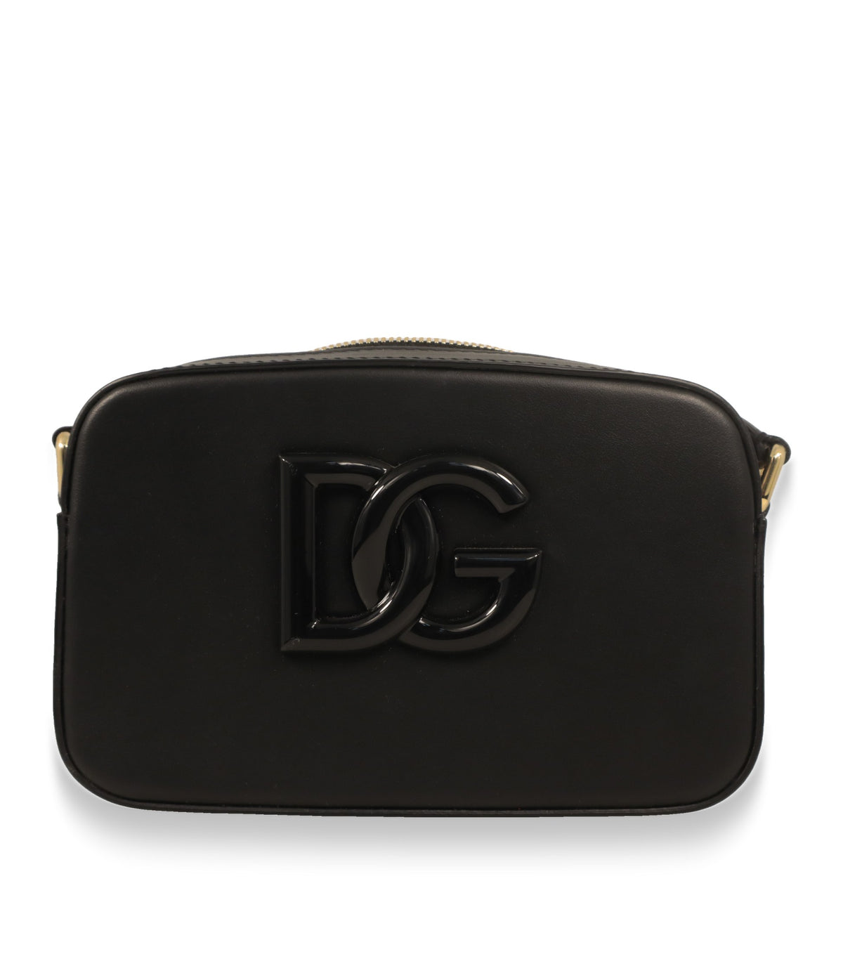 Dolce & Gabbana Umhängetasche aus schwarzem Leder mit glänzendem DG-Logo – Frontansicht