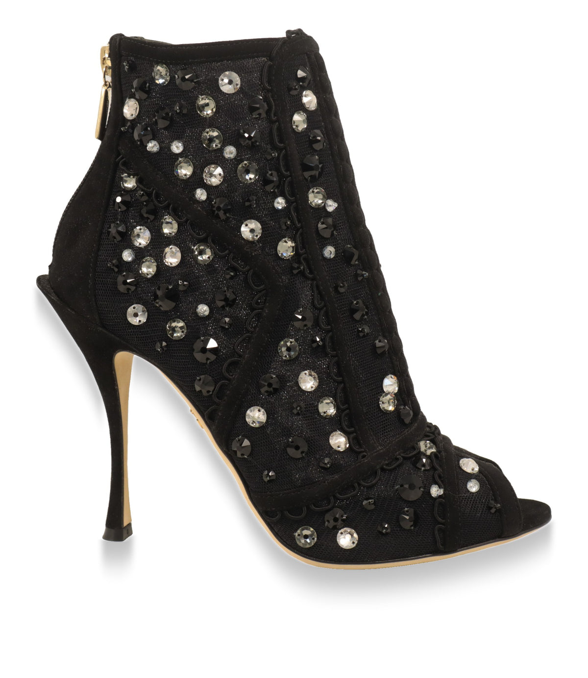 Dolce & Gabbana Stiefeletten in Schwarz mit Kristallbesatz, Seitenansicht mit Stiletto-Absatz