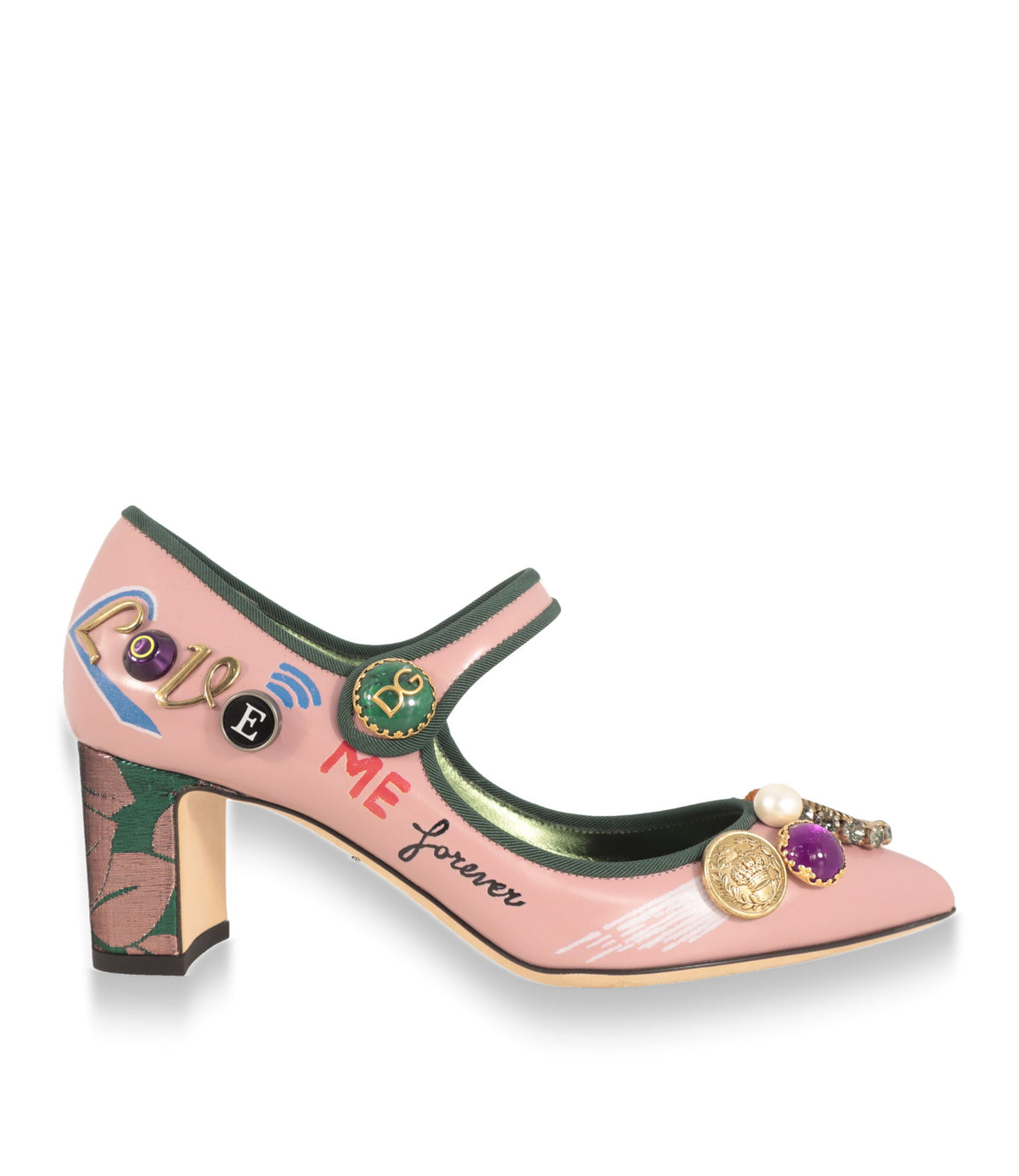 Dolce & Gabbana Mary Jane Schuhe in Rosa mit Love-Schriftzug und Brokat-Blockabsatz, Seitenansicht