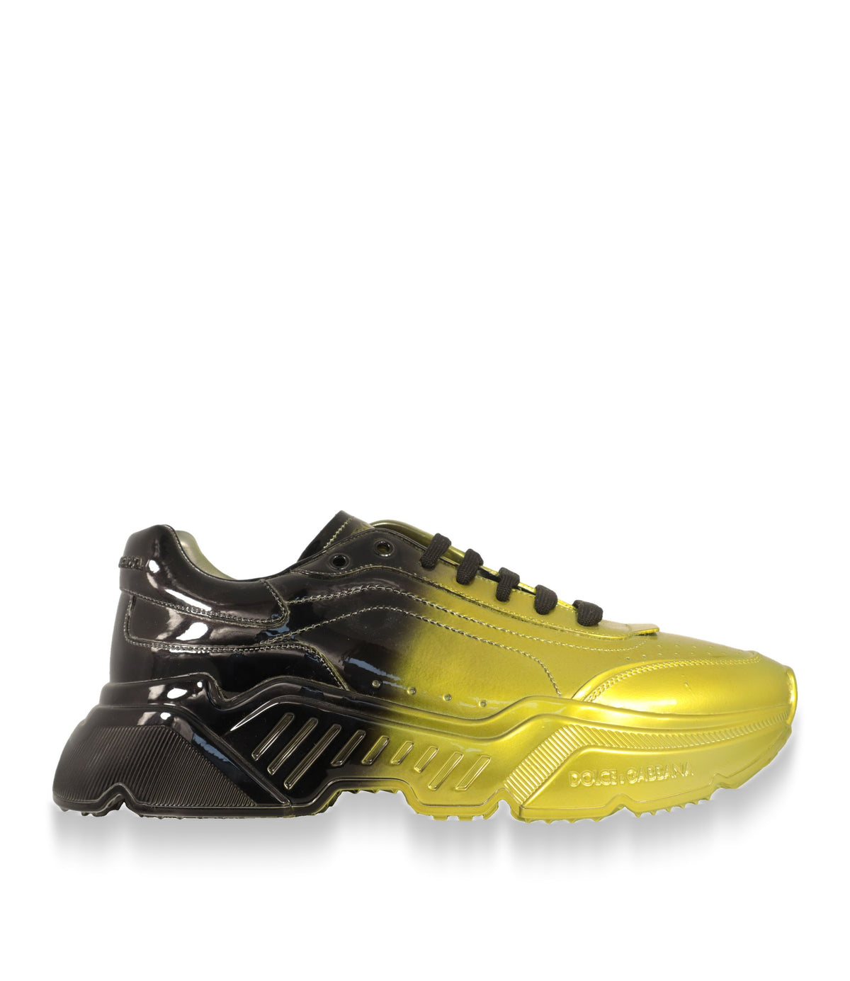 Dolce & Gabbana Sneaker Größe 44 in Schwarz und Gelb metallic, Seitenansicht mit profilierter Gummisohle