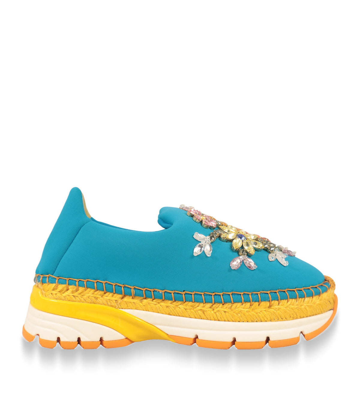Dolce & Gabbana Slip-On Sneaker in Türkis mit Kristallblüten, Seitenansicht