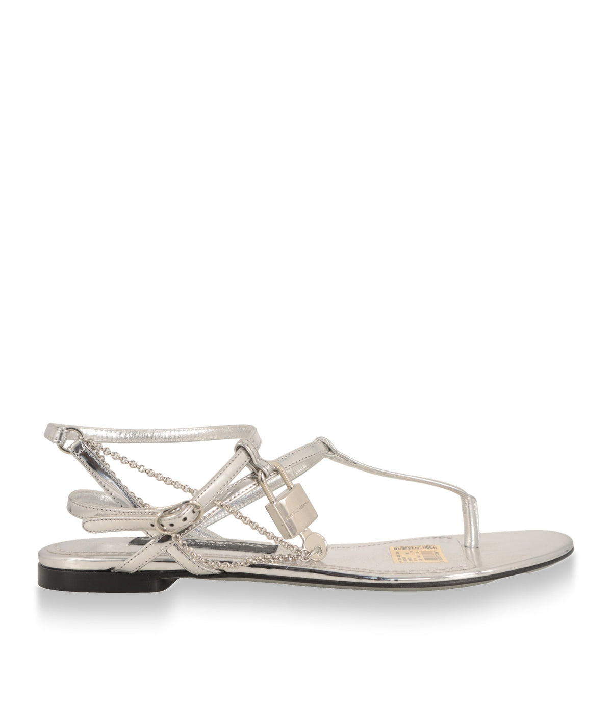 Dolce & Gabbana Sandalen in Silber, Seitenansicht mit Kettendetail und Schloss-Anhänger
