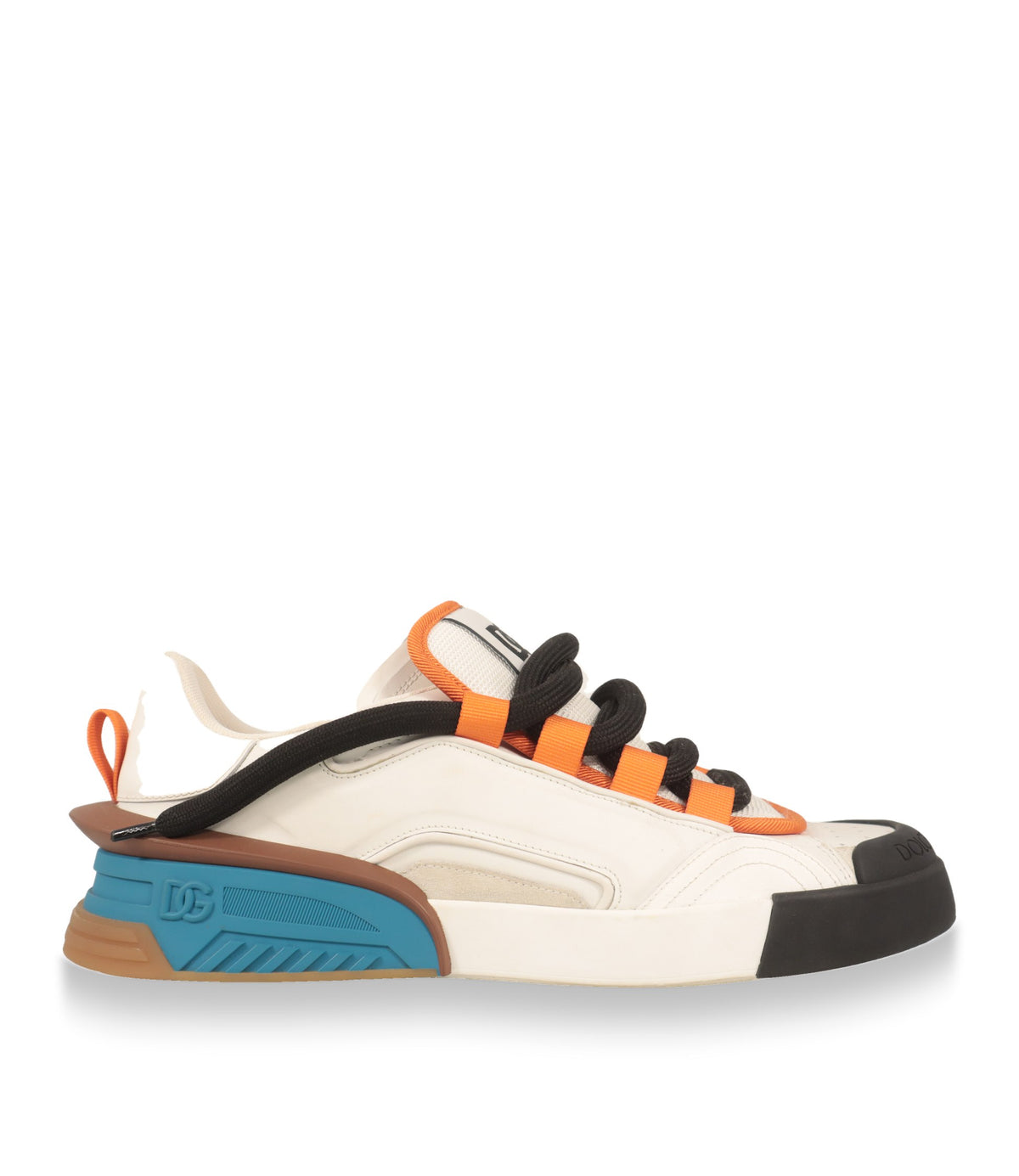 Dolce & Gabbana Sneaker Herren in Weiß mit orangefarbenen Schlaufen und mehrfarbiger Gummisohle, Seitenansicht