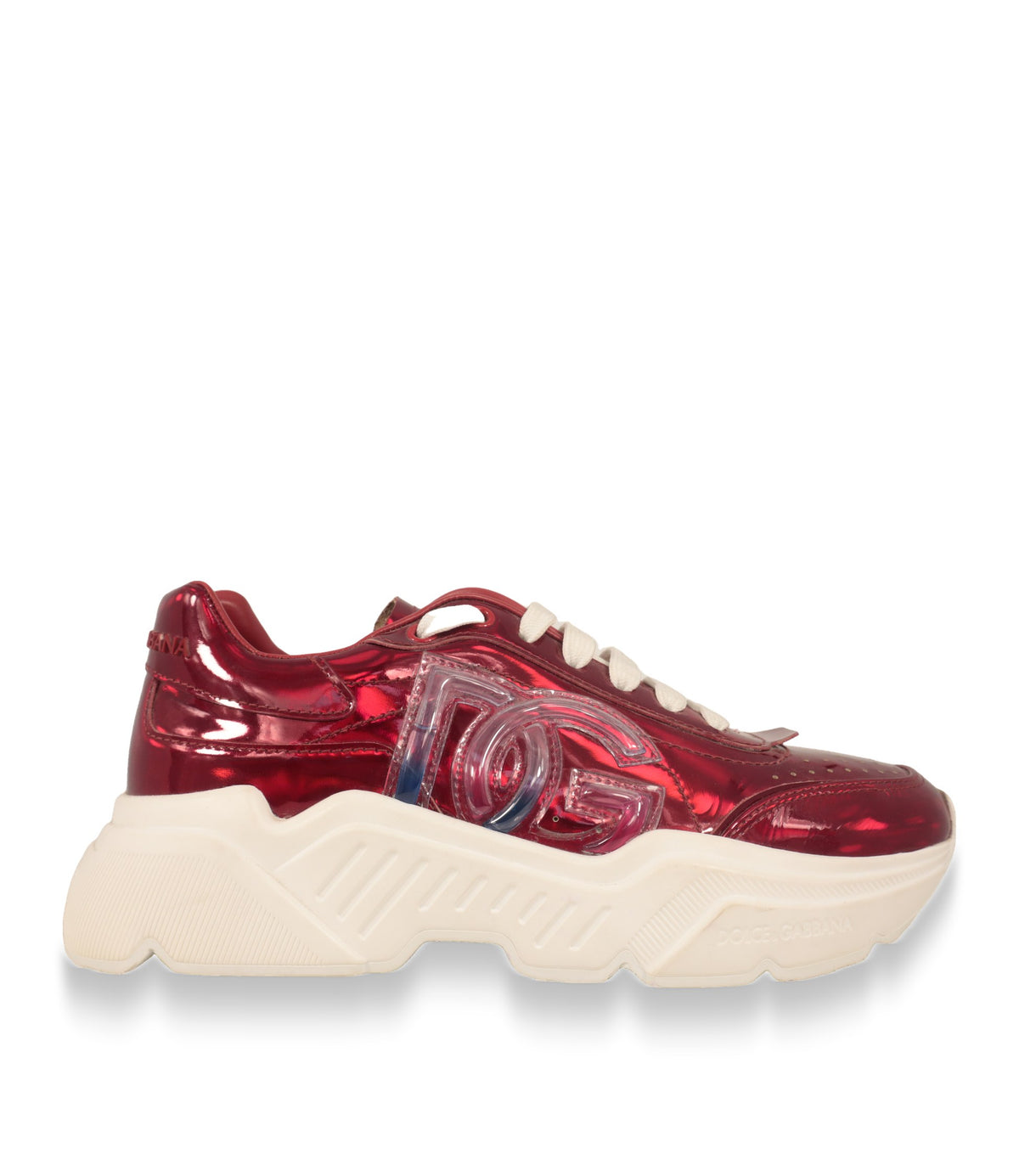 Dolce & Gabbana Sneaker in Rot metallic, Seitenansicht mit DG-Logo und weißer Laufsohle