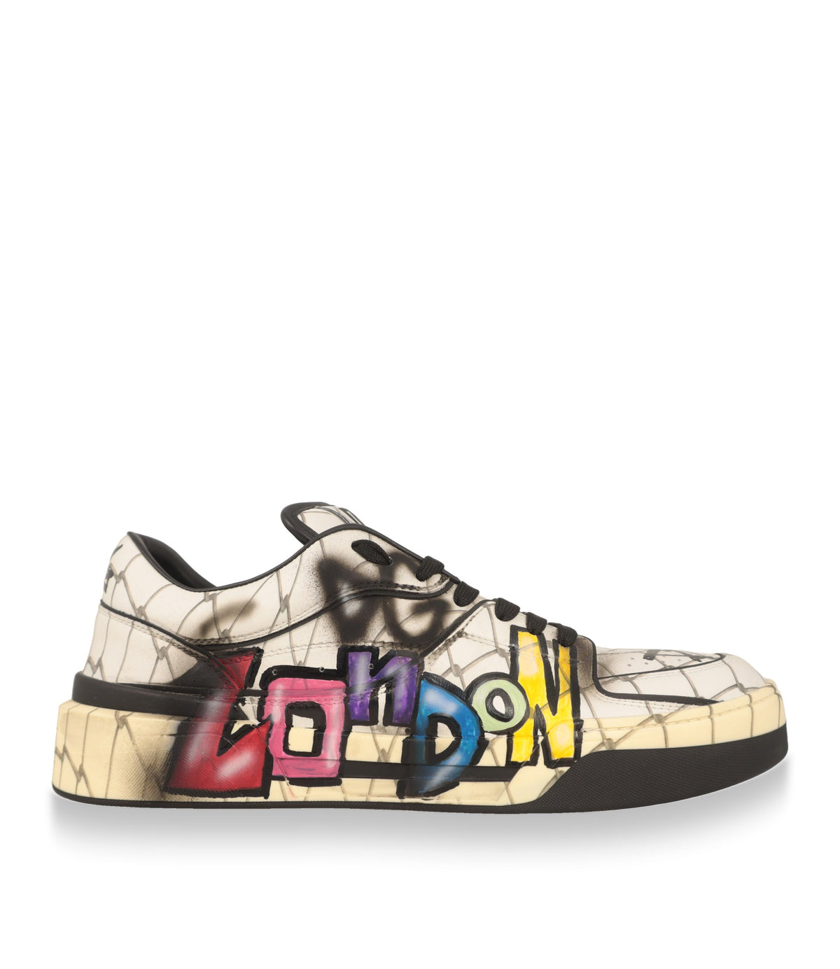 Dolce & Gabbana Sneaker Größe 44 aus weißem Leder mit buntem LONDON-Graffiti-Print in der Seitenansicht