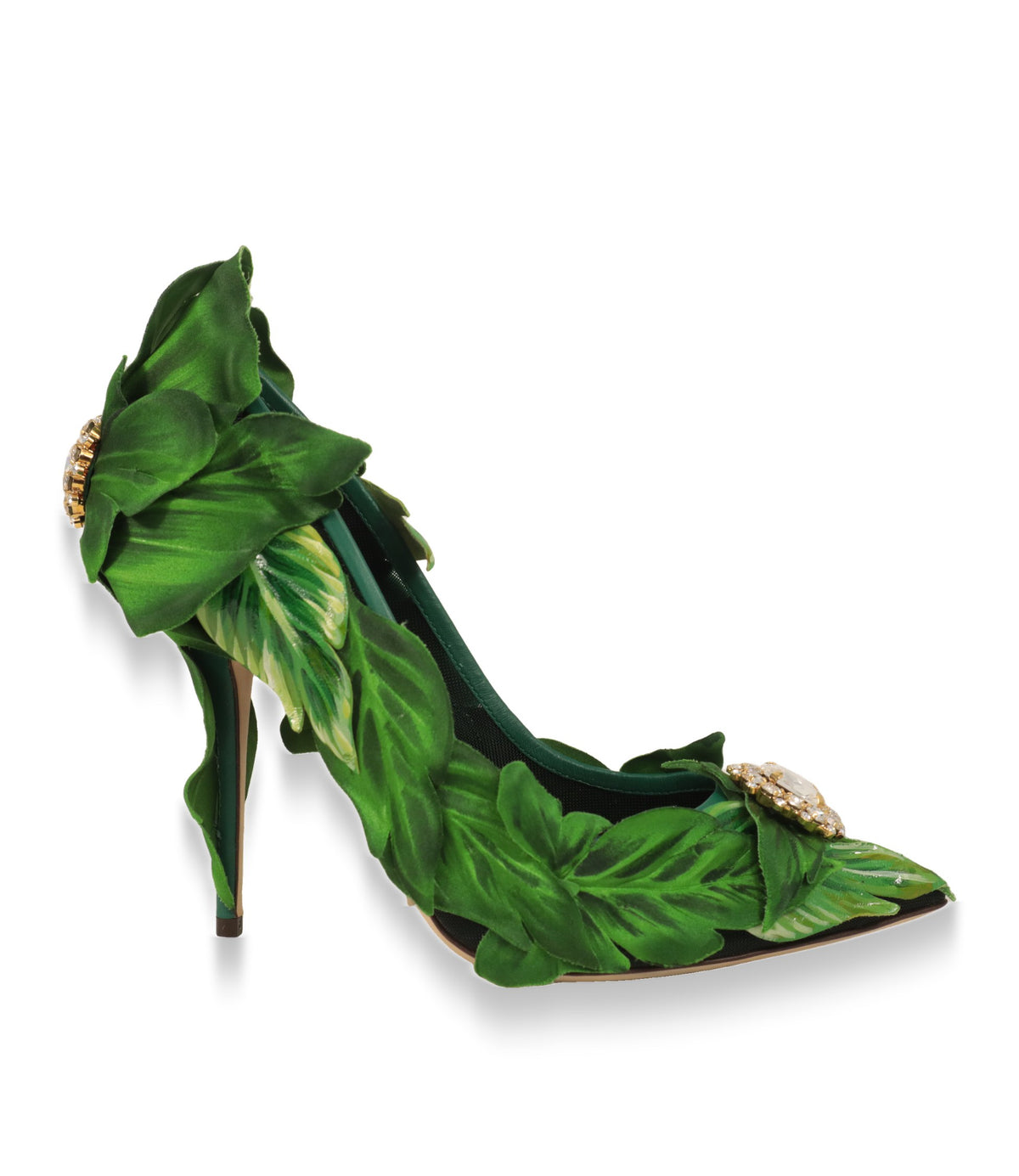 Dolce & Gabbana Pumps in Grün mit Blattapplikationen, Seitenansicht mit Stiletto-Absatz