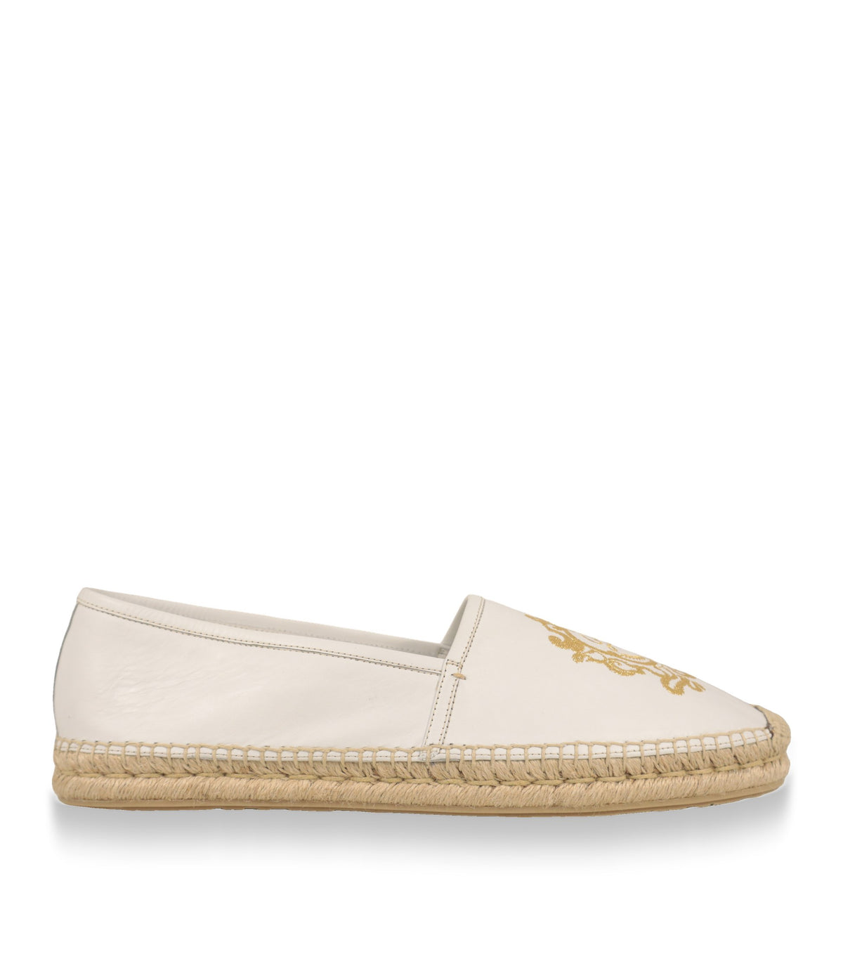 Dolce & Gabbana Espadrilles aus weißem Leder in der Seitenansicht mit geflochtener Jutesohle
