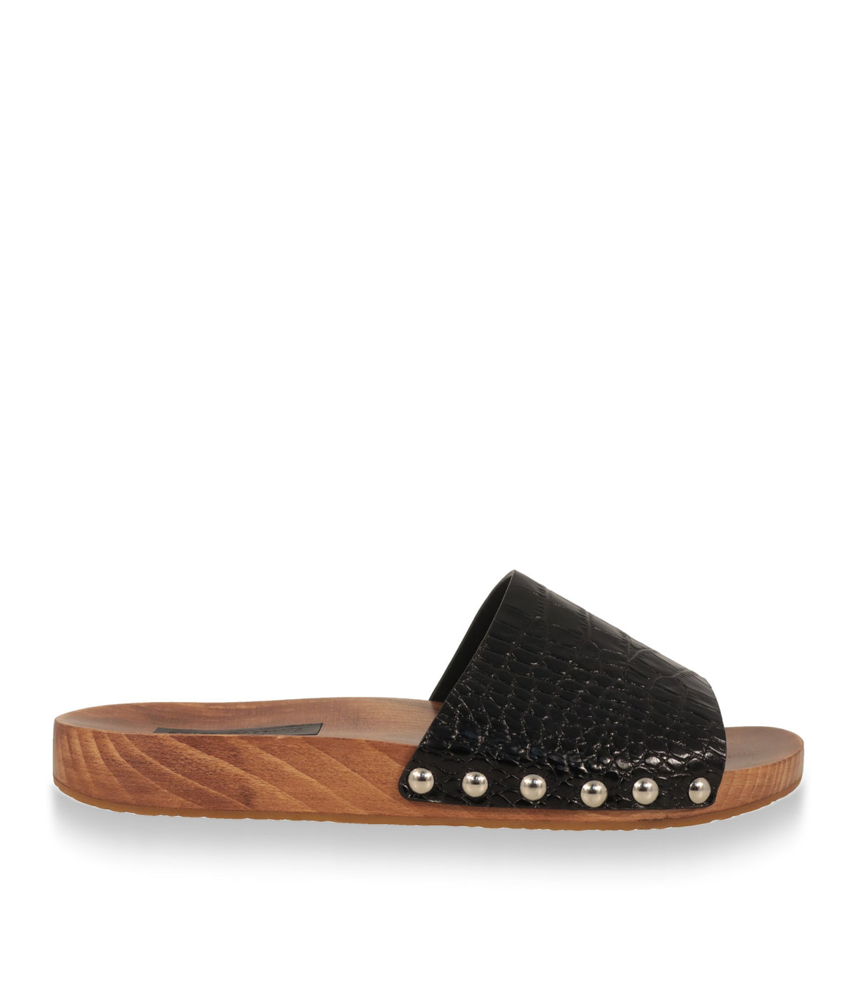 Dolce & Gabbana Pantoletten Herren in Schwarz mit Krokoprägung und Holzsohle, Seitenansicht