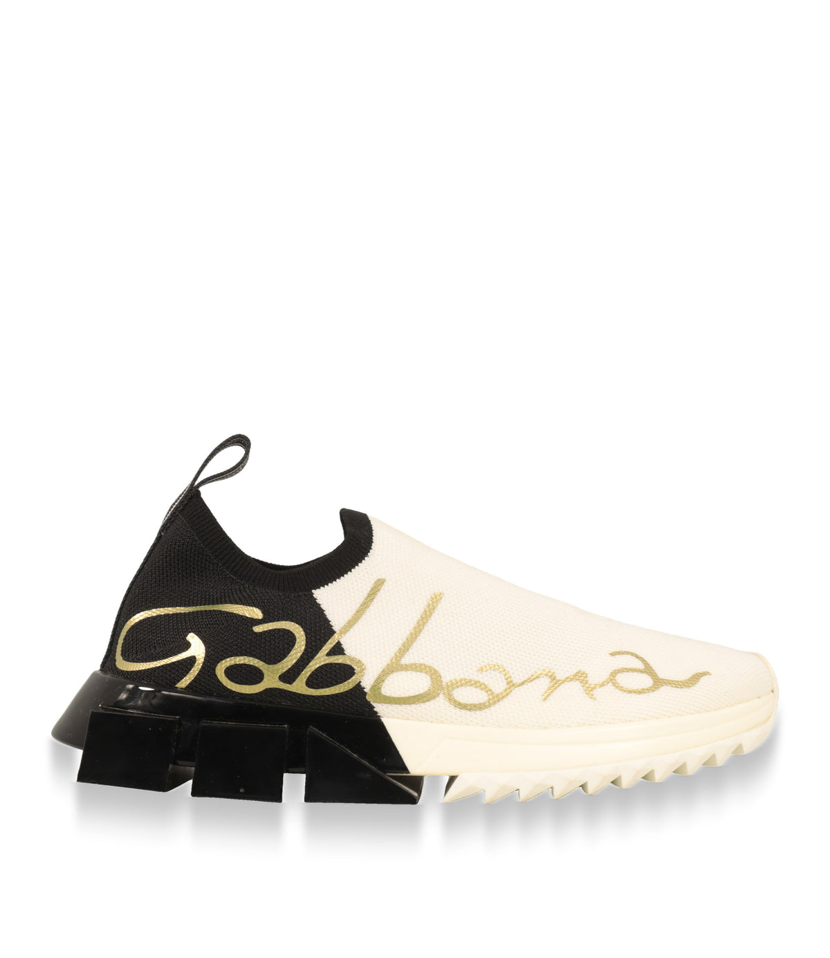 Dolce & Gabbana Slip-On Sneaker in Weiß und Schwarz mit goldenem Gabbana-Schriftzug, Seitenansicht