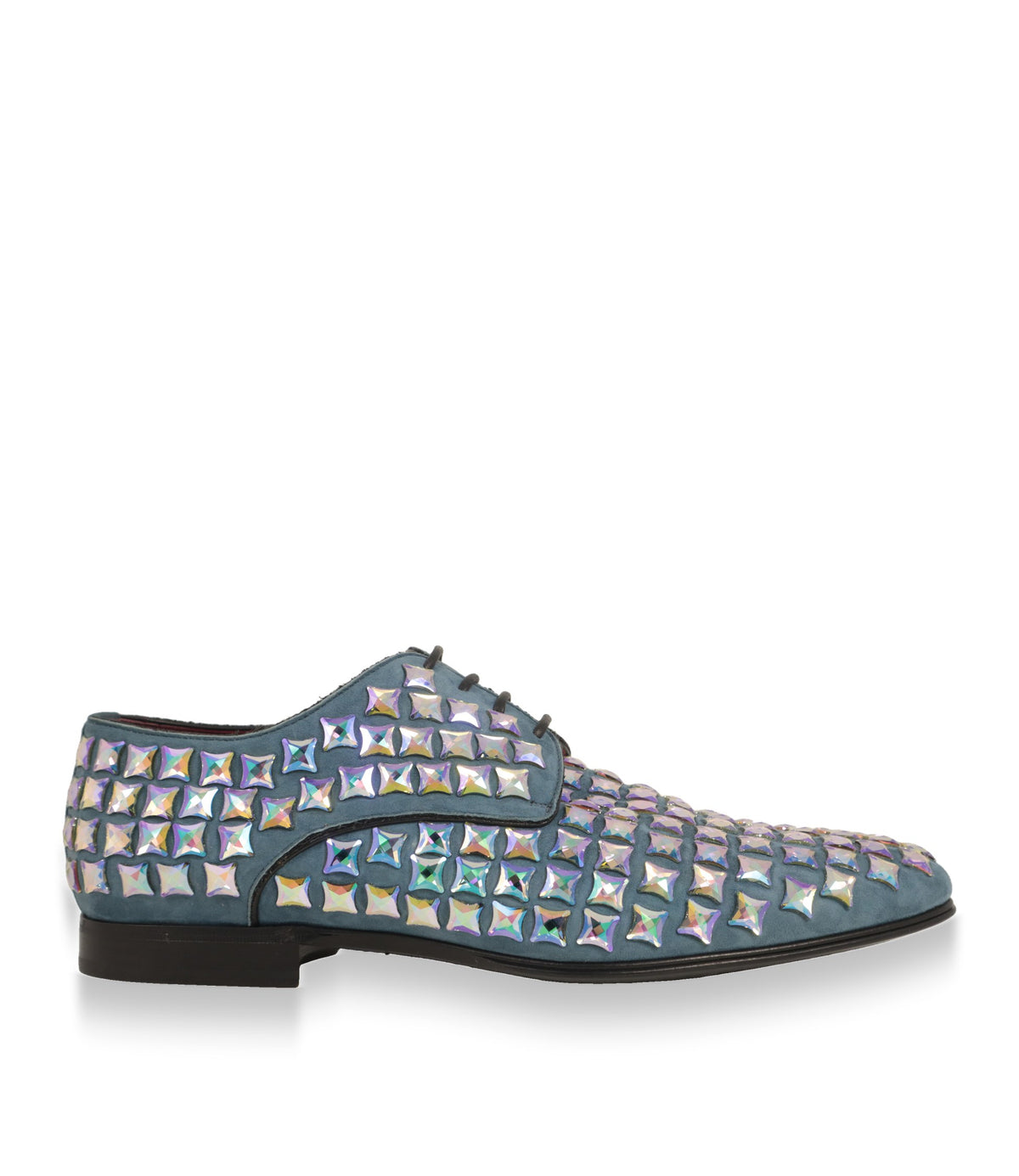 Dolce & Gabbana Derby Schuhe aus petrolblauem Wildleder mit Strass, Seitenansicht