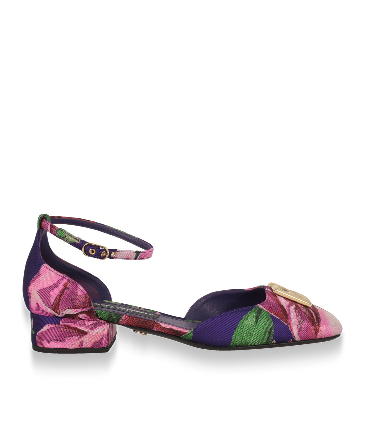 Dolce & Gabbana Mary Jane Schuhe in floralem Jacquard, Seitenansicht mit Knöchelriemen