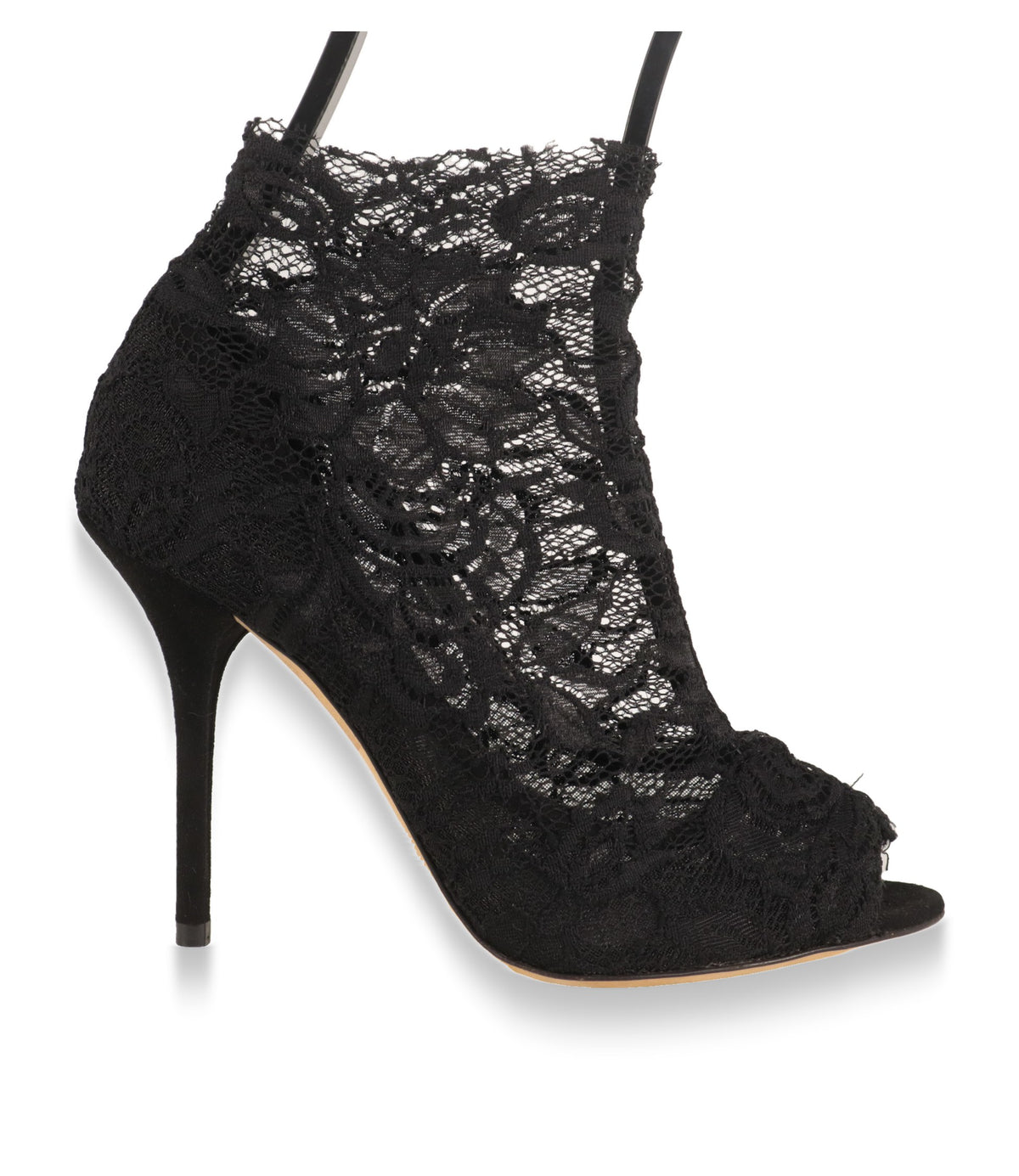 Dolce & Gabbana Stiefeletten aus schwarzer Spitze mit Stiletto-Absatz, Seitenansicht