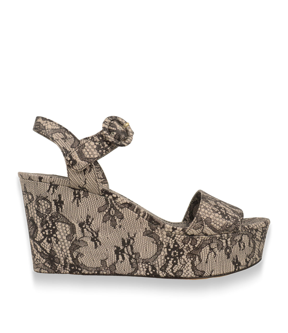 Dolce & Gabbana Plateau-Sandalen in Schwarz-Creme mit Spitzendruck, Seitenansicht mit Keilabsatz