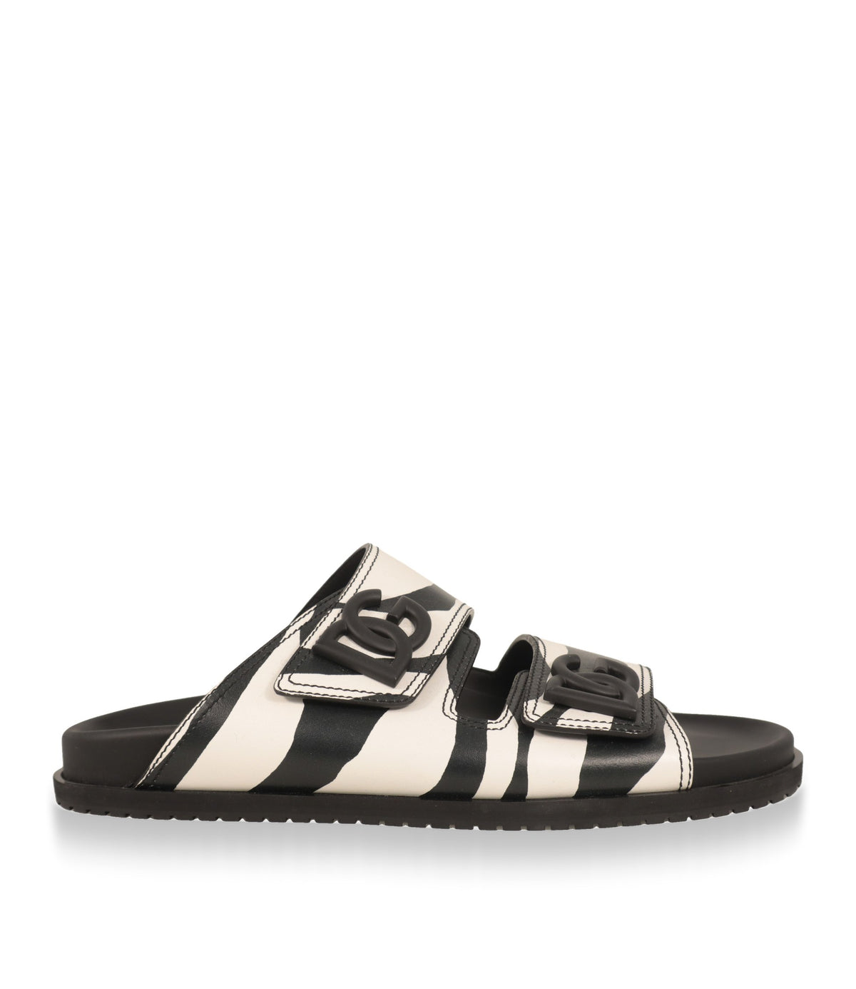 Dolce & Gabbana Pantoletten in Schwarz-Weiß mit Zebra-Print aus Leder, Seitenansicht
