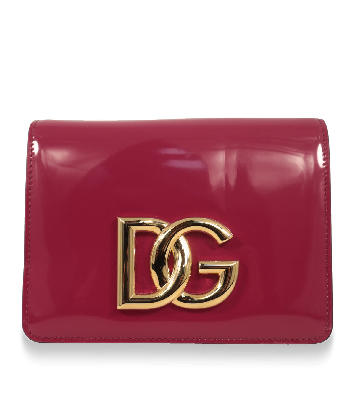 Dolce & Gabbana Umhängetasche aus pinkem Lackleder mit goldfarbenem DG-Logo, Frontansicht