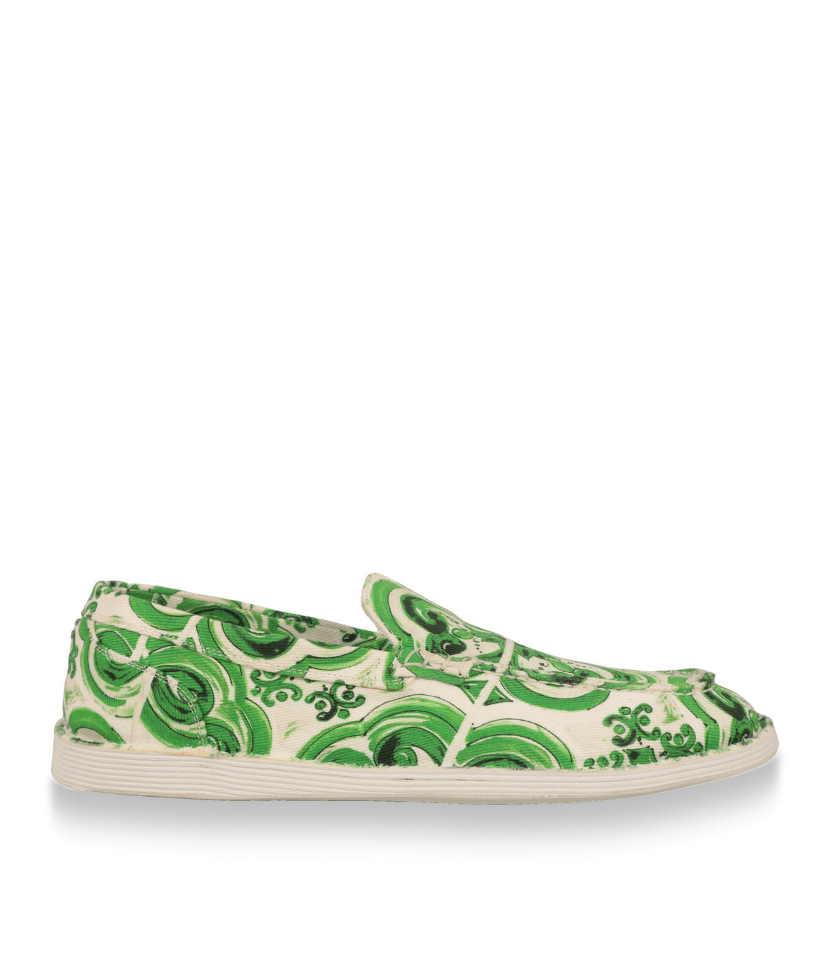 Dolce & Gabbana Slip-On Sneaker Größe 44 aus bedrucktem Denim in Grün-Weiß, Seitenansicht