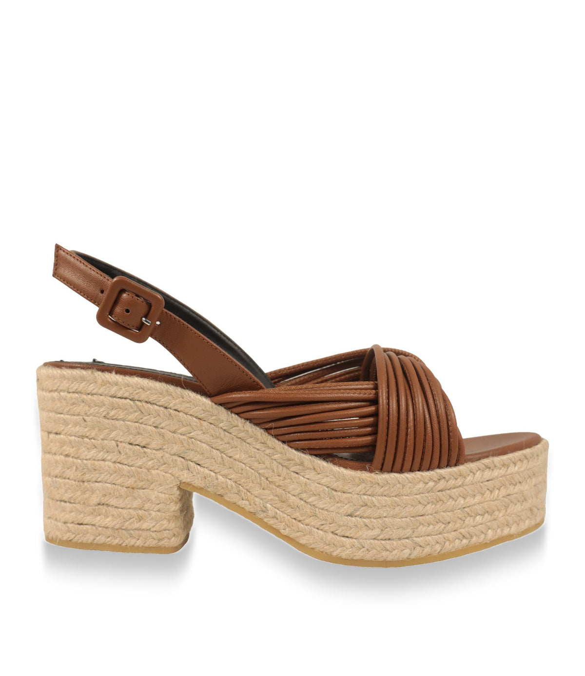Sergio Rossi Plateau-Sandalen aus braunem Nappaleder mit Bast-Keilabsatz, Seitenansicht