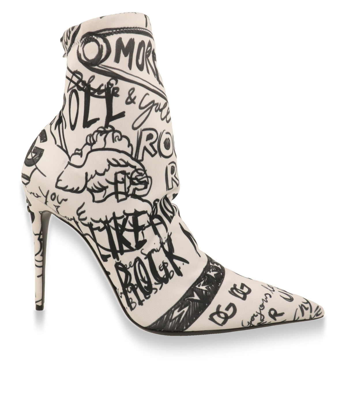 Dolce & Gabbana Stiefeletten in Weiß mit schwarzem Graffiti-Print, Seitenansicht mit Stiletto-Absatz