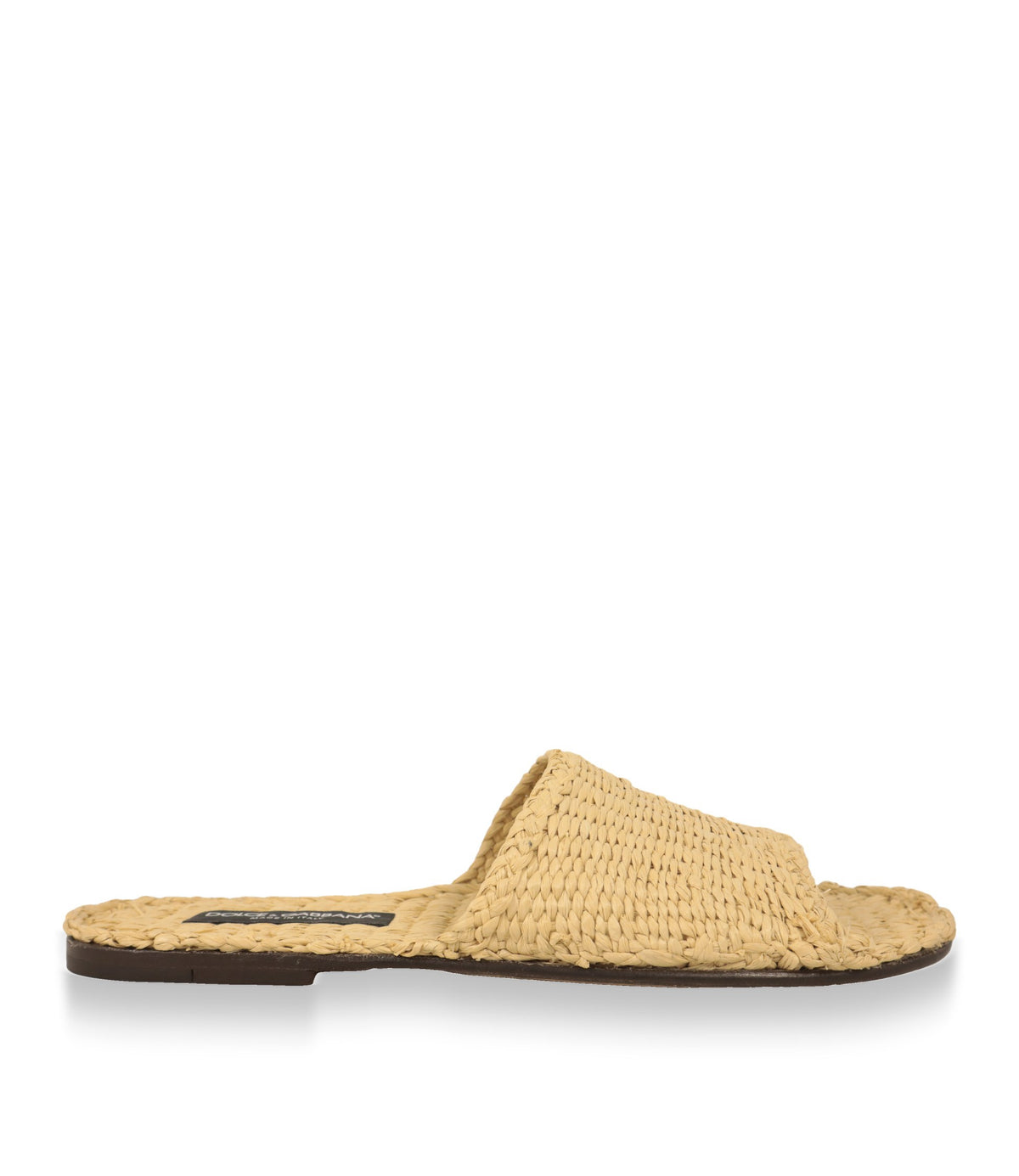Dolce & Gabbana Pantoletten aus Raffia in Beige, Seitenansicht mit flacher Ledersohle