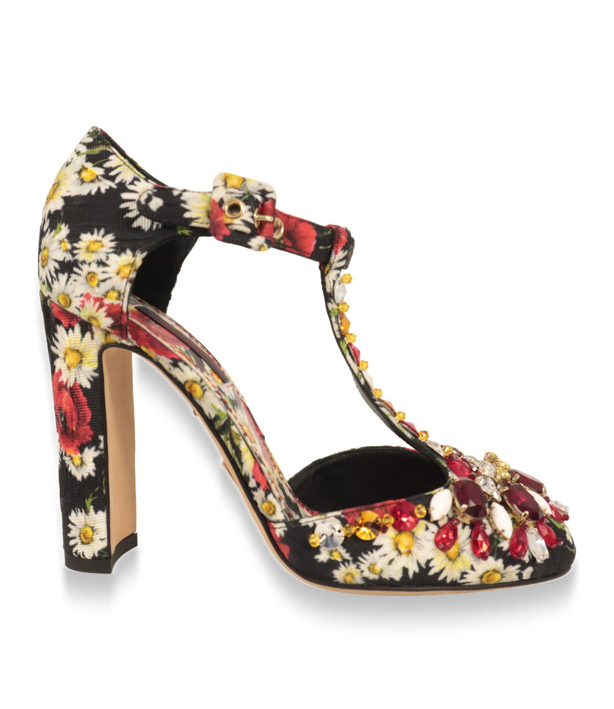 Dolce & Gabbana Mary Jane Schuhe mit Blumenmuster und Blockabsatz in der Seitenansicht
