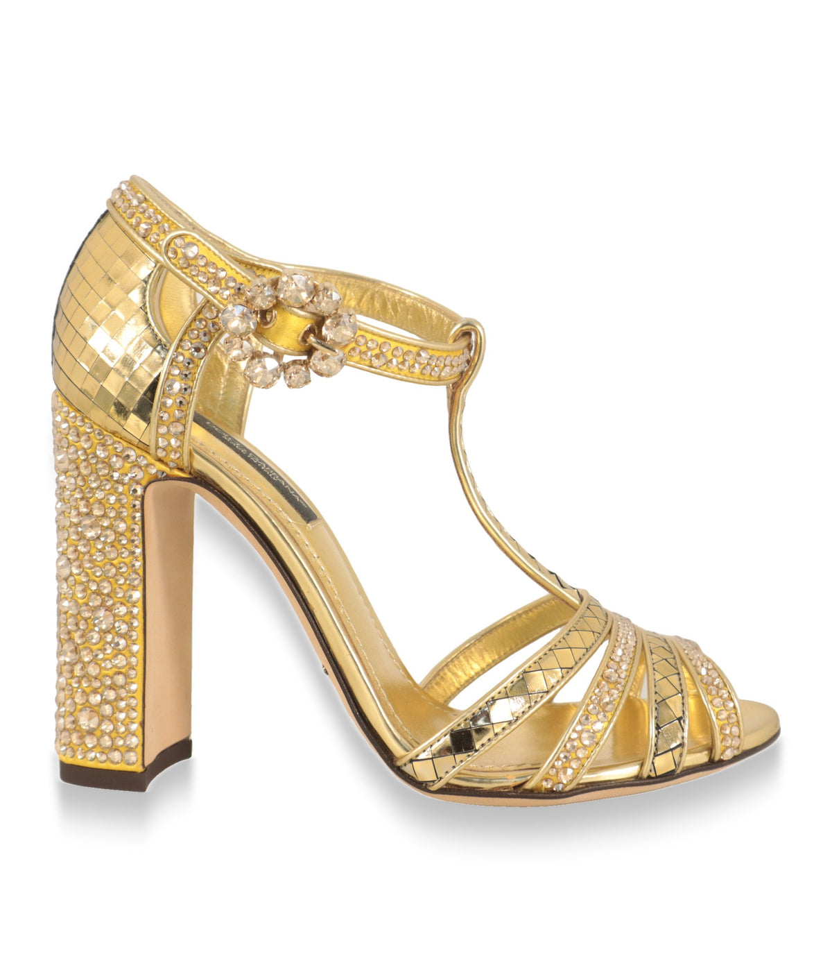 Dolce & Gabbana Sandaletten in Gold mit Kristallen und Blockabsatz, Seitenansicht