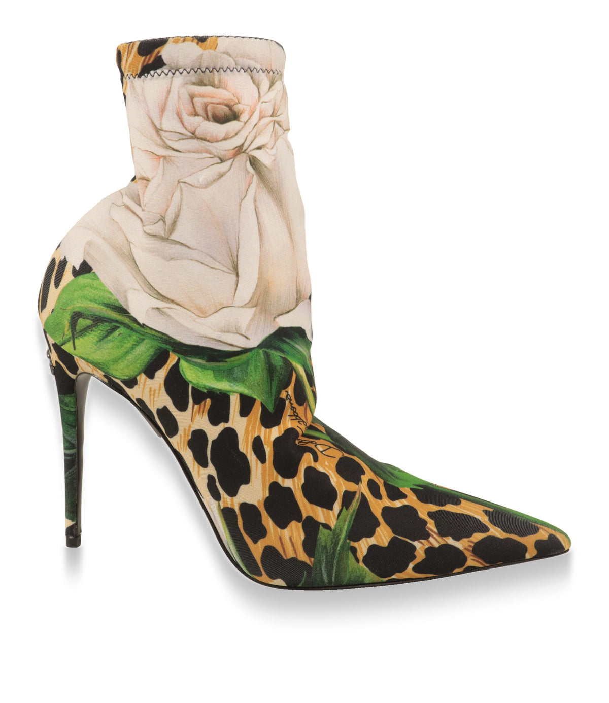 Dolce & Gabbana Stiefeletten in Größe 38 aus bedrucktem Jersey mit Ocelot-Muster und weißer Rose, Seitenansicht