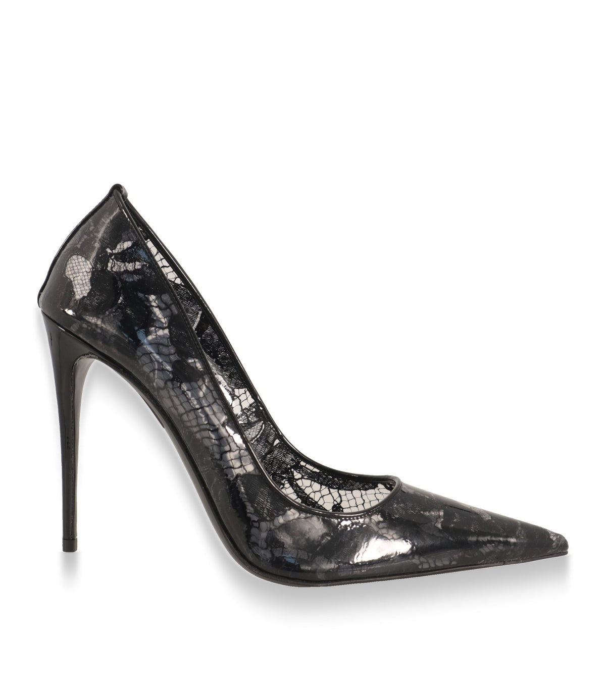 Dolce & Gabbana Pumps in Schwarz mit Spitzen-Dessin, Seitenansicht mit Stiletto-Absatz