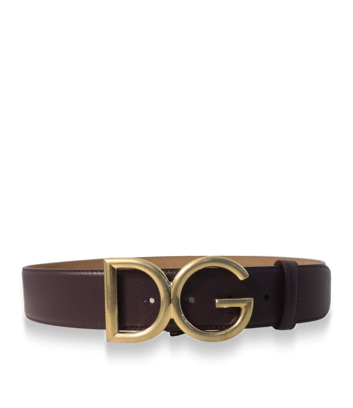 Dolce & Gabbana Gürtel aus Kalbsleder in Bordeaux mit goldfarbener DG-Schnalle in der Frontansicht