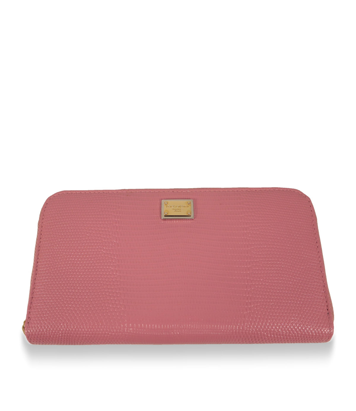 Dolce & Gabbana Portemonnaie aus rosa Kalbsleder mit goldenem Logoschild, Vorderansicht