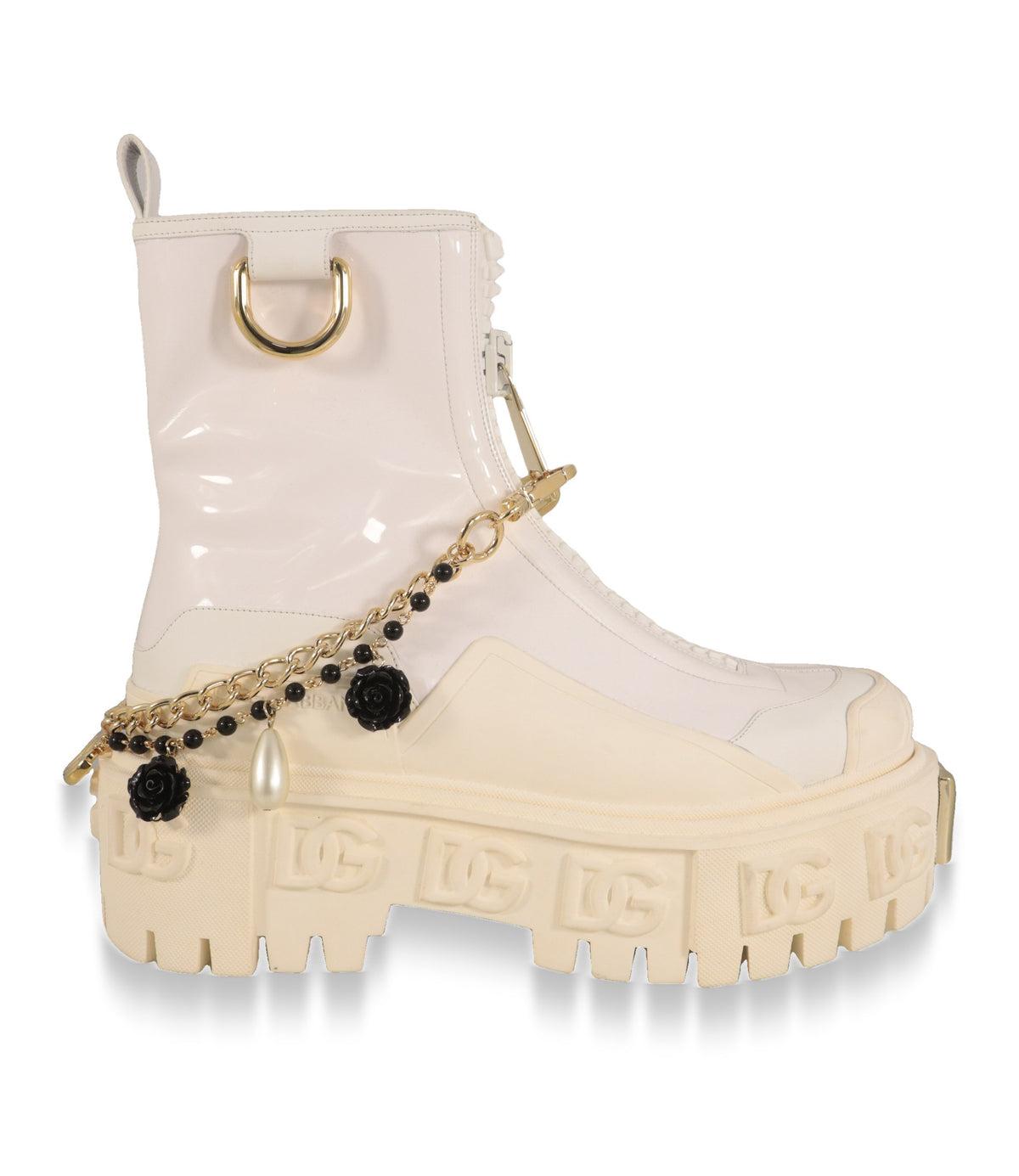 Dolce & Gabbana Boots in Weiß mit goldfarbener Kette und DG-Profilsohle, Seitenansicht