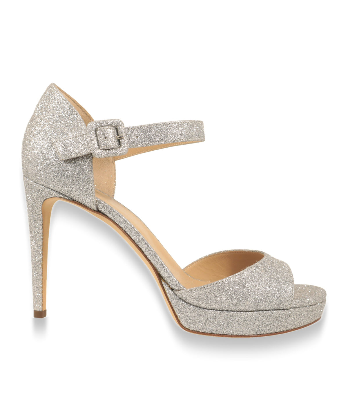 Sergio Rossi Sandaletten in Silber mit Stiletto-Absatz und Plateausohle in der Seitenansicht