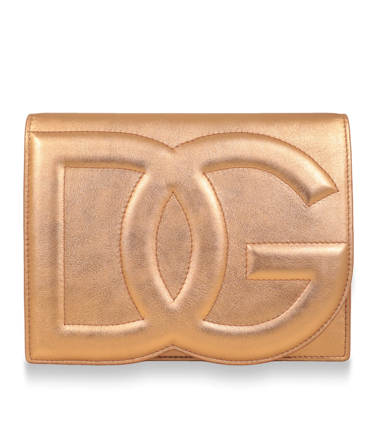 Dolce & Gabbana Umhängetasche aus Metallic-Leder in Roségold mit geprägtem DG-Logo, Frontansicht