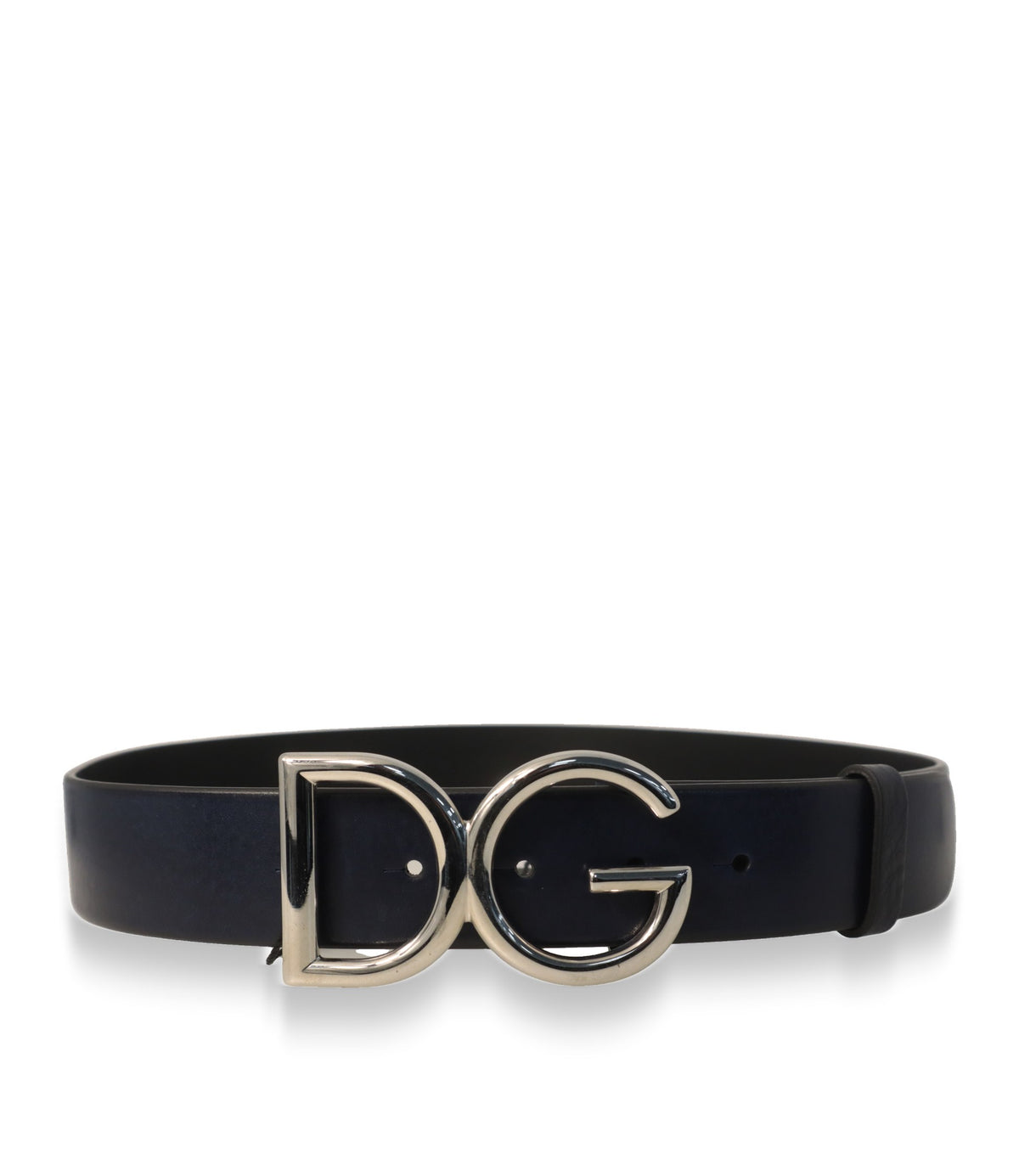 Dolce & Gabbana Gürtel Marineblau aus Kalbsleder mit silberner DG-Logoschließe in Frontansicht