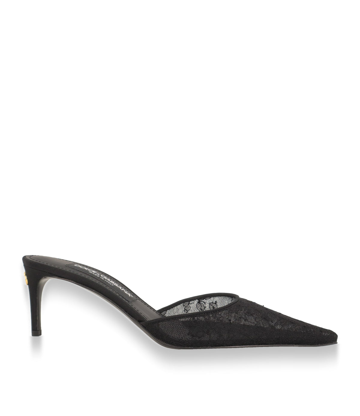 Dolce & Gabbana Mules in Schwarz aus Chantilly-Spitze, Seitenansicht mit Stiletto-Absatz